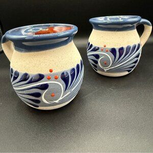 Set of 2 Jarritos MEXICAN Clay Handpainted Artisan Blue, Cream, Red Pottery Mugs